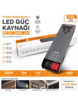 İnoled 1209 – 30A 360W 12V LED Güç Kaynağı  | Kısa Devre Korumalı Adaptör | Şerit LED Trafo | 220V Ac – 12V Dc Dönüştürücü | Yüksek Verimli, Güvenli, Uzun Ömürlü LED Trafo