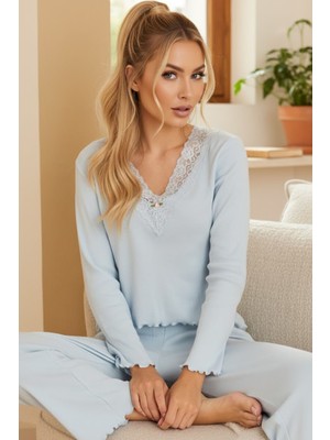 Siyah İnci Mavi Pamuklu Dantelli Fitilli Örme Pijama TAKIM25226005