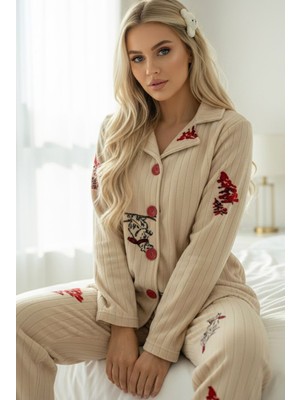 Siyah İnci Krem Rengi Desenli Düğmeli Polar Kışlık Örme Pijama Takım
