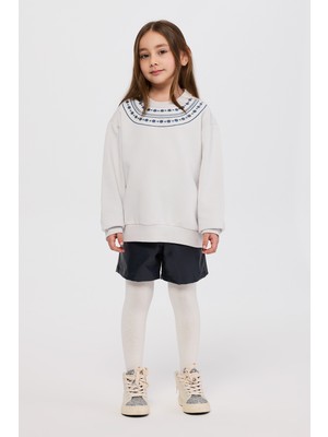 Panço Kız Çocuk Nakışlı Gri Sweatshirt