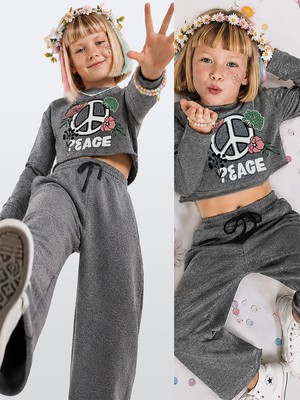 Denokids Kız Çocuk Eşofman Takım Crop Sweatshirt - Ispanyol Paça Eşofman Altı (7-12 Yaş)