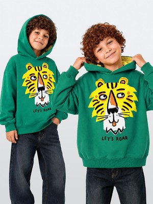 Denokids Erkek Çocuk Kapüşonlu Sweatshirt Kaplan Baskılı Oversize (3-8 Yaş)