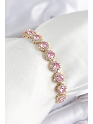 Renas Store Pirinç Pembe Zirkon Taşlı Daire Baget Model Gold Renk Vıp Seri Kadın Bileklik 5886