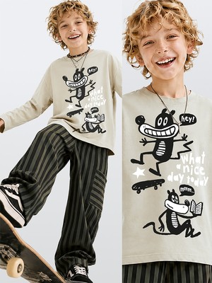 Denokids Erkek Çocuk Takım Oversize Tişört - Çizgili Dokuma Gabardin Pantolon (5-10 Yaş)