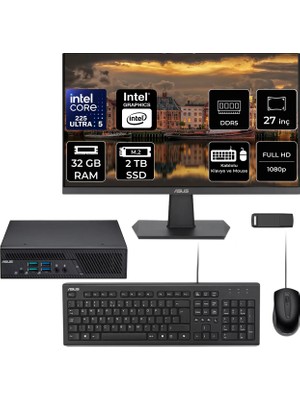 Asus Expertcenter PB64 Core Ultra 5 225 32GB Ram 2tb SSD 27" Full Hd Monitör Freedos PB64-B50060MHP719 Mini Masaüstü Bilgisayar + Per4 USB Bellek