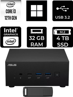 Asus Expertcenter PN64 Intel Core I3-1220P 32GB Ram 4tb SSD WIN11 Home PN64-BB3012MDP370 Mini Masaüstü Bilgisayar + Per4 USB Bellek