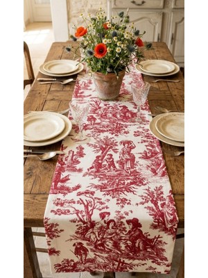 Duck Kumaş Fransız Köylü Desenli Runner - Kırmızı Beyaz Toile De Jouy Masa Örtüsü 150X37 cm