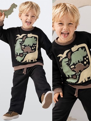 Denokids Erkek Çocuk Eşofman Takım %100 Pamuk Dinozor Baskılı Kışlık (2-8 Yaş)