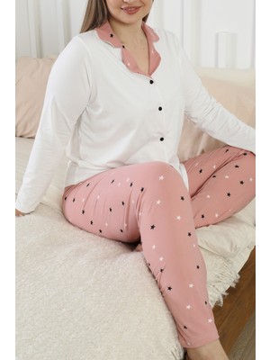 Siyah İnci Ekru Desenli Büyük Beden Battal Boy Gömlek Yaka Düğmeli Milan Örme Pijama TAKIM25224305