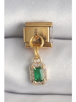 Renas Store 316L Çelik Gold Renk Sallantı Kare Yeşil Zirkon Taşlı Nomination Charm