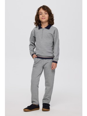 Panço Erkek Çocuk Yaka Detaylı Gri-Melanj Sweatshirt