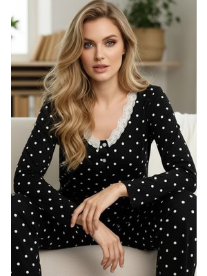 Siyah İnci Siyah Puan Desenli Örme Pamuklu Düğmeli Pijama TAKIM25240235