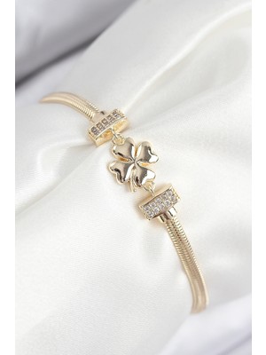Renas Store Pirinç Zirkon Taşlı Yonca Model Gold Renk Kadın Bileklik 5886