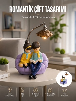 Renas Store Romantik Çift Figürlü Okuyan Çift Masa Lambası Dekoratif LED Aydınlatma