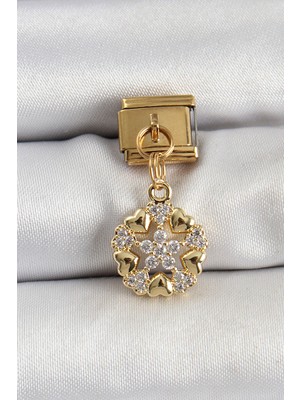 TeknoKapsül 316L Çelik Sallantılı Zirkon Taşlı Kalp Detaylı Yıldz Model Gold Renk Charm