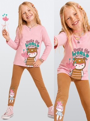 Denokids Kız Çocuk Pamuklu Uzun Kollu T-Shirt & Tayt Takımı – Sevimli Karakter Baskılı (2-8 Y)