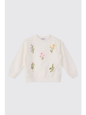 Panço Kız Çocuk Baskılı Ekru Sweatshirt