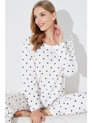Siyah İnci Ekru Siyah Kalp ve Puan Desenli Örme Pijama Takım 7792