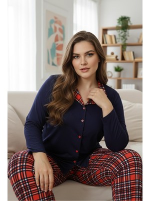 Siyah İnci Lacivert Desenli Büyük Beden Battal Boy Gömlek Yaka Düğmeli Milan Örme Pijama TAKIM25224308