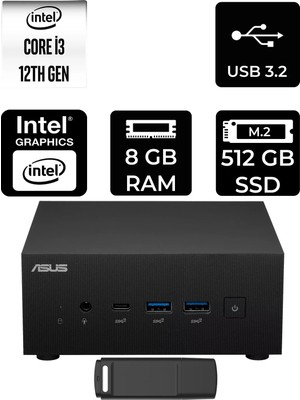 Asus Expertcenter PN64 Intel Core I3-1220P 8gb Ram 512GB SSD Freedos PN64-BB3012MDP302 Mini Masaüstü Bilgisayar + Per4 USB Bellek