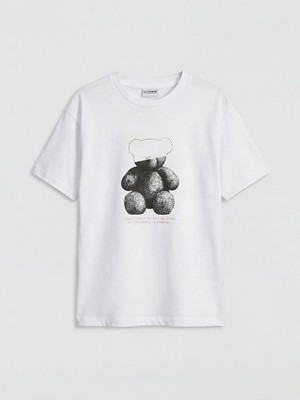 LC Waikiki Lcw Kids Beyaz Ayı Baskılı Taşlı Kız Çocuk Tişört