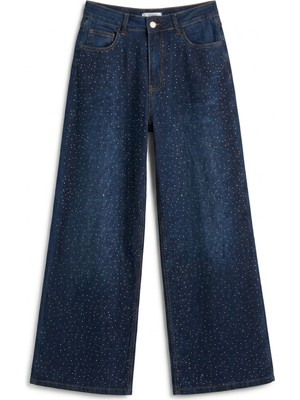 Allday  Koyu Mavi Taşlı Geniş Paça Pantolon