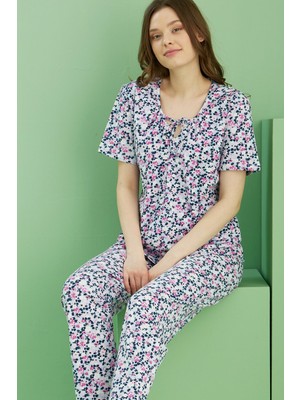 Siyah İnci Desenli Bisiklet Yaka Örme Pamuklu Pijama TAKIM25113221