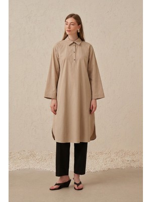 Allday  Bej Düğme Detaylı Poplin Tunik
