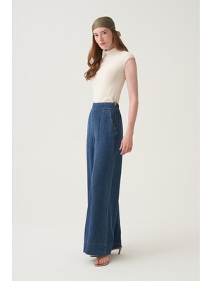 Allday  Mavi Bol Paça Denim Tensel Pantolon