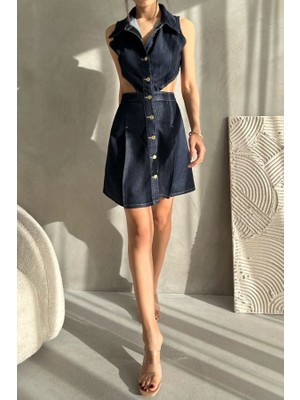 Nido Moda Kadın Yaka Detaylı Cut-Out Mini Denim Elbise