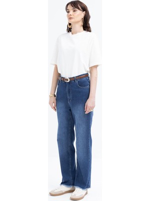 Allday  Koyu Mavi Likralı Geniş Paça Denim Pantolon