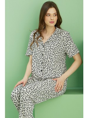 Siyah İnci Ekru Desenli Bürümcük Krınkıl Kumaş Örme Düğmeli Pijama TAKIM25118548