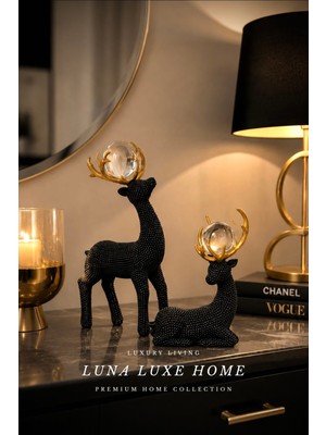 Luna Luxe Home Élan Royale Collection | Kristal Cam Küreli Ikili Geyik Obje Premium Biblo Seti (Gold/siyah)