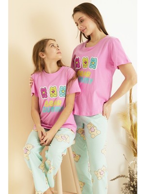 Siyah İnci Pembe Desenli Pamuklu Bisiklet Yaka Örme Pijama TAKIM25107156