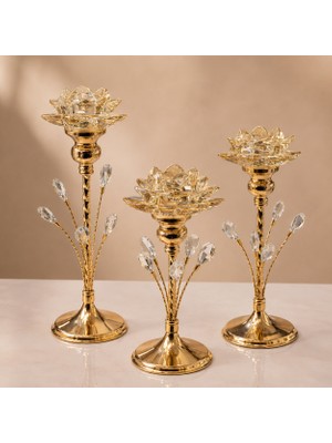 Mis Kitchen  Gold Kristal Lotus 3’lü Şamdan Seti – Metal Gövdeli Dekoratif Mumluk, Salon ve Masa Dekoru