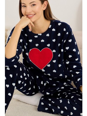 Siyah İnci Lacivert Kalp Desenli Nakışlı Polar Kışlık Örme Pijama Takım