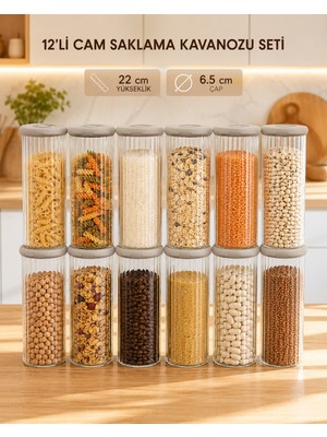 Denaro Home 12’li 22 cm Borosilikat Cam Kavanoz Seti Silikon Kapaklı Şeffaf Çizgili Saklama Kabı
