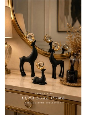Luna Luxe Home Aurum Collection | Kristal Cam Küreli Dekoratif Üçlü Geyik Obje Premium Biblo Seti (Gold/siyah)