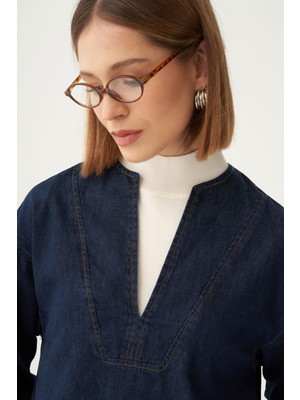 Prem  Koyu Mavi V Yaka Denim Gömlek Tunik