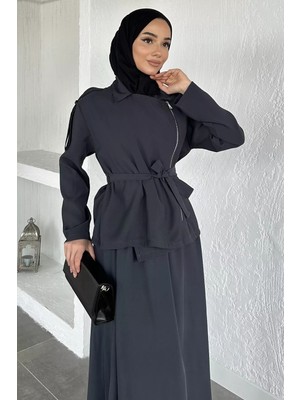 Julude Gülseli Bel Lastikli Etek Ceket Tesettür Ikili Takım P-00020938