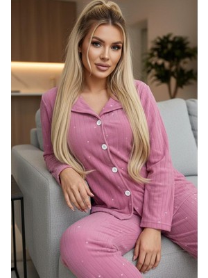 Siyah İnci Gülkurusu Desenli Düğmeli Polar Kışlık Örme Pijama Takım