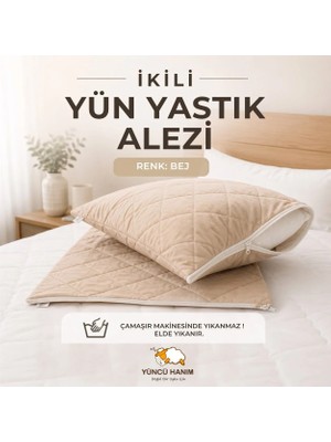 Yüncü Hanım Bej Renkli Kuzu Yünü Dolgulu Kapitoneli Yastık Alezi , Doğal Pamuk Kumaş 50X70 cm (2 Adet)