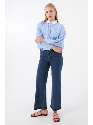 Allday  Mavi Büyük Beden Pamuklu Likralı Wide Leg Denim Pantolon