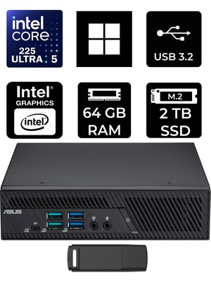 Asus Expertcenter PB64 Core Ultra 5 225 64GB Ram 2tb SSD WIN11 Pro PB64-B50060MHP434 Mini Masaüstü Bilgisayar + Per4 USB Bellek