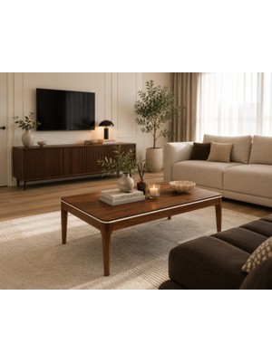 Fami Home Alis Orta Sehpa Ceviz Ahşap Ayaklı Krem Detaylı Modern Salon Sehpası