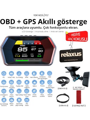 Relaxus OBD + OBD 2 + Gps Çift Modlu Araç Hud LCD Ekranlı Akıllı Gösterge ve Arıza Tespit Cihazı Oto Kokusu Hediye