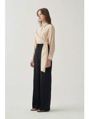 Allday  Siyah %100 Keten Palazzo Pantolon