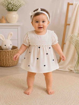 Babys Tasarım Kız Bebek Yazlık Pamuklu Dantel Yaka Kalp Desenli Elbise Kısa Kollu Günlük Bebek Elbisesi