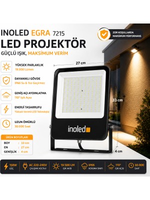 İnoled Inoled Egra LED Projektör 150W – 6500K Beyaz Işık, 19500 Lümen, IP66 Su Geçirmez Dış Mekan Aydınlatma – Inoled Egra 7215 Süper Parlak Bahçe, Garaj, Depo Lambası