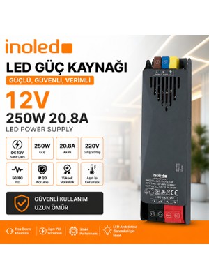 İnoled 1207 – 20,8A 250W 12V LED Güç Kaynağı  | Kısa Devre Korumalı Adaptör | Şerit LED Trafo | 220V Ac – 12V Dc Dönüştürücü | Yüksek Verimli, Güvenli, Uzun Ömürlü LED Trafo